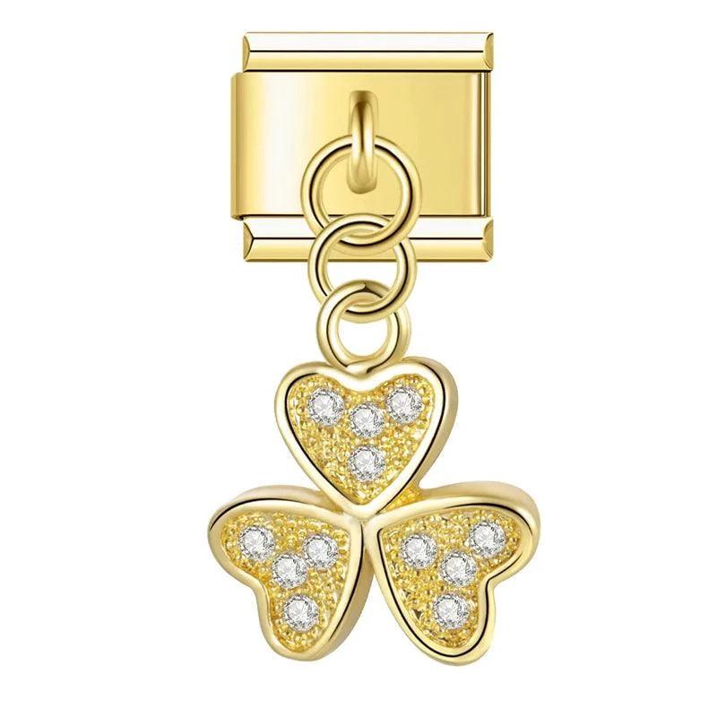 3-Leaf Clover in Gold with Stones, on Gold