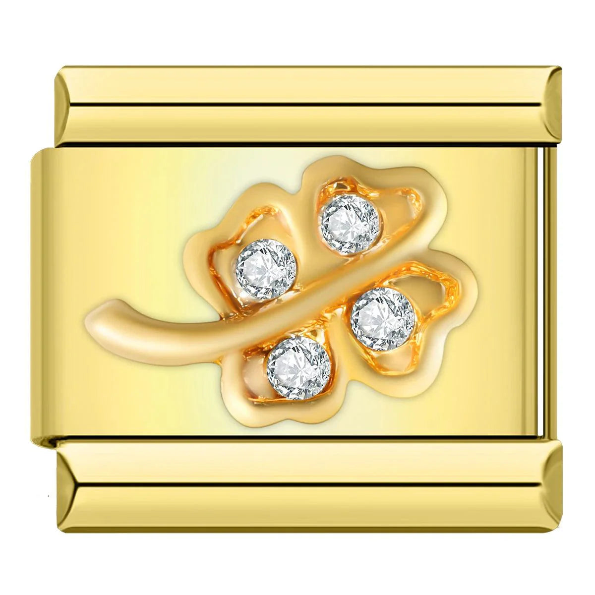 4-leaf Clover and its Stem, in Gold and White Stones