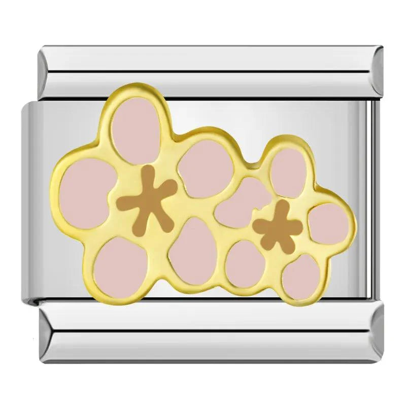 Double Flower, Gold and Pink, on Silver