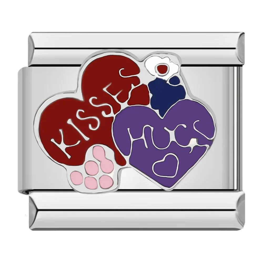 Double Heart, Kisses & Hugs, Red and Purple, on Silver