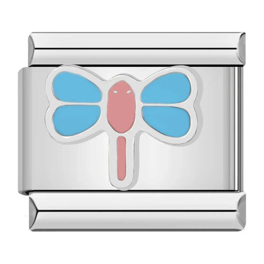 Dragonfly, Pink and Blue, on Silver