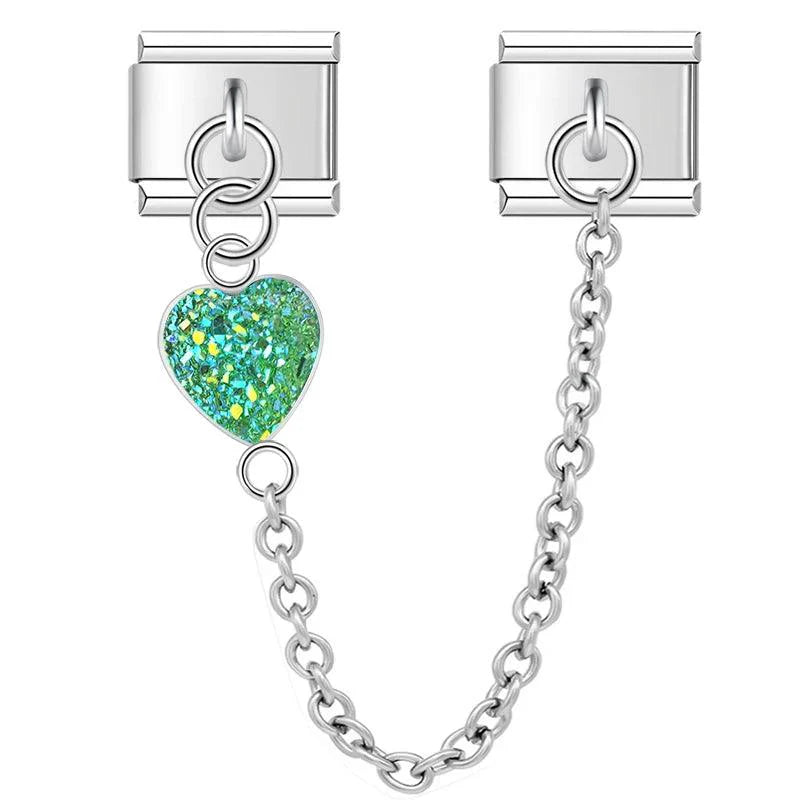 Green Heart, Double Linked Charms, on Silver