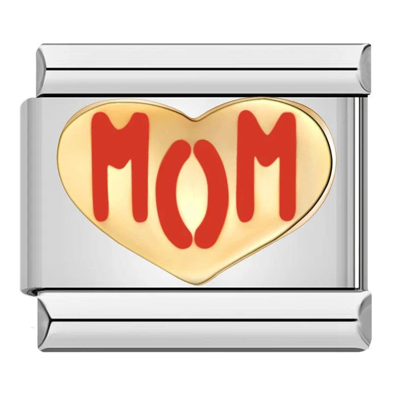 Heart in Gold, Love Mom in Red, on silver