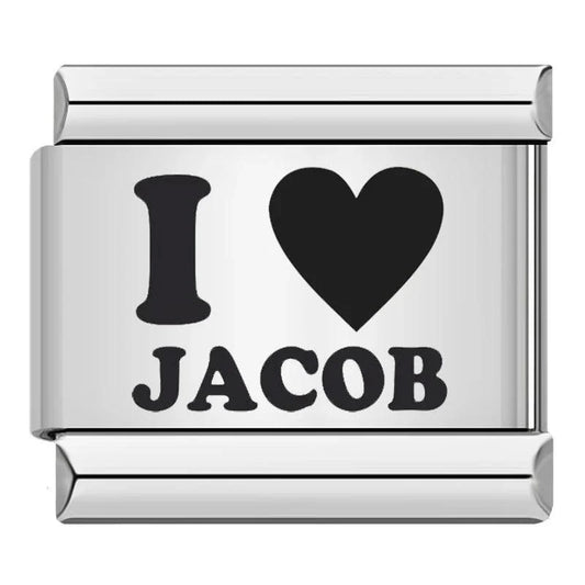 I Love Jacob, in Black, on Silver