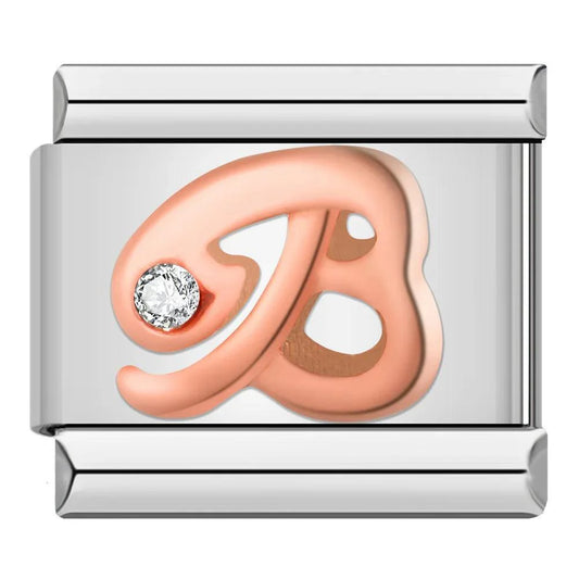 Letter B in Rose Gold with Stones, on Silver