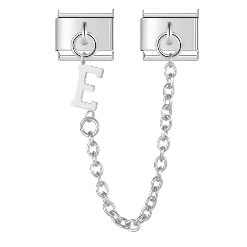 Letter E, Double Linked Charms, on Silver