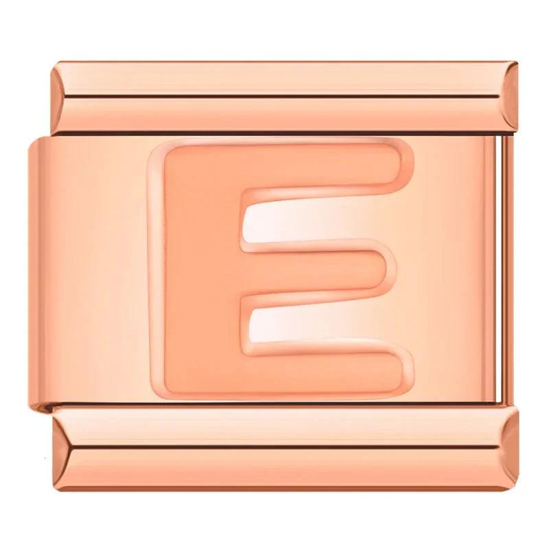 Letter E in Rose Gold, on Rose Gold