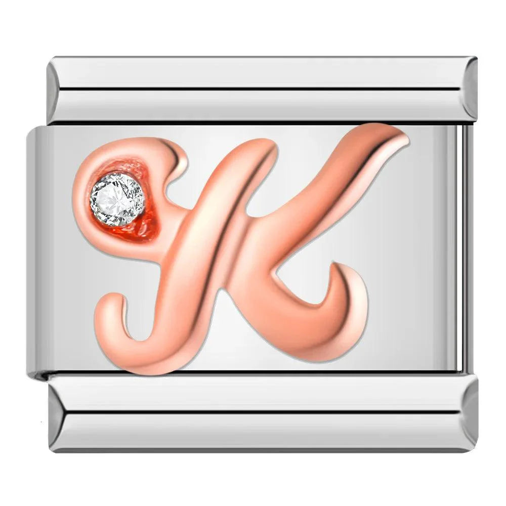 Letter K in Rose Gold with Stones, on Silver