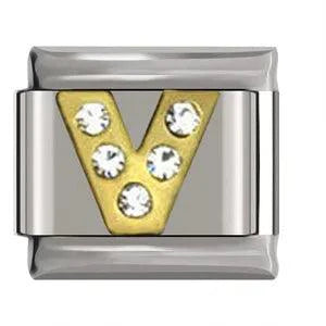 Letter V in Gold with Stones, on Silver