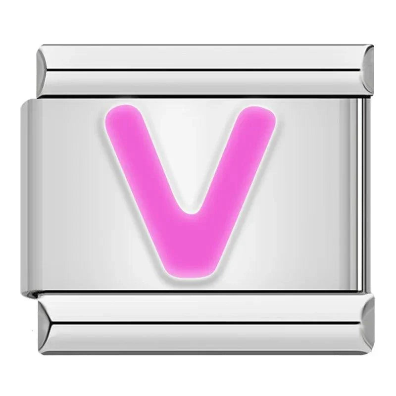 Letter V in Pink, on Silver