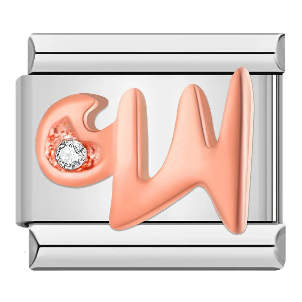 Letter W in Rose Gold with Stones, on Silver