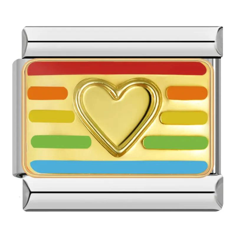 LGBTQ+ Flag, Gold Heart, on Silver