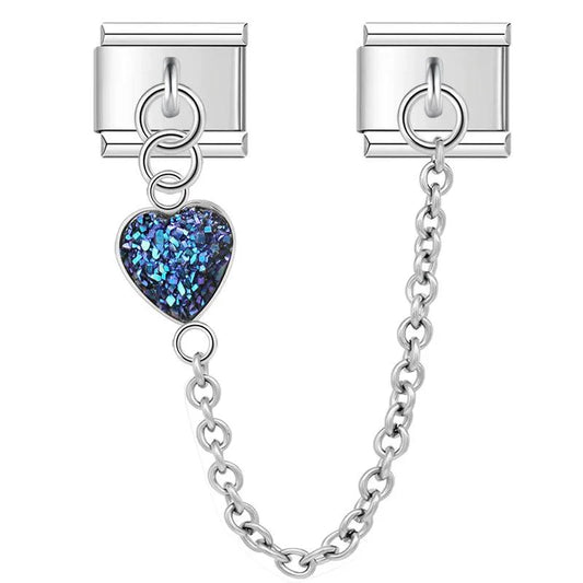 Navy Heart, Double Linked Charms, on Silver