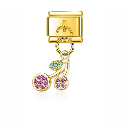 Pair of Cherries with Stones, Hanging, on Gold