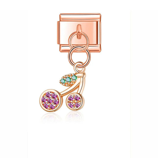 Pair of Cherries with Stones, Hanging, on Rose Gold