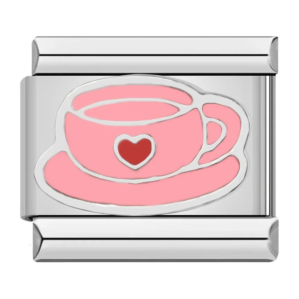 Pink Coffee Cup, Red Heart, on Silver