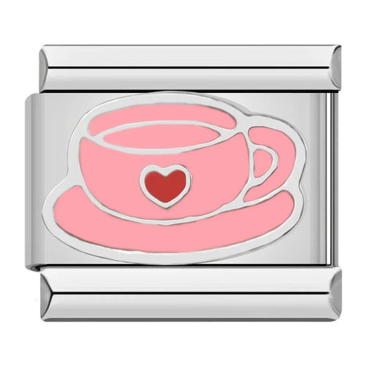 Pink Coffee Cup, Red Heart, on Silver