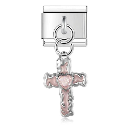 Pink Cross with Heart, on Silver