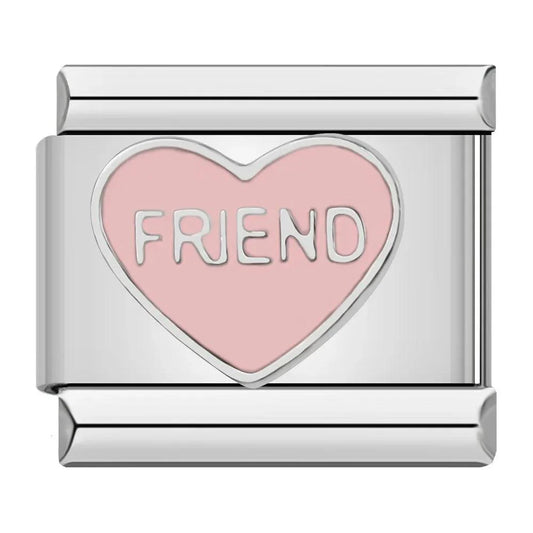 Pink Heart, FRIEND, on silver