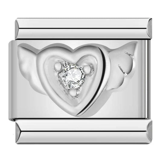 Silver Angel Heart with Single White Stone